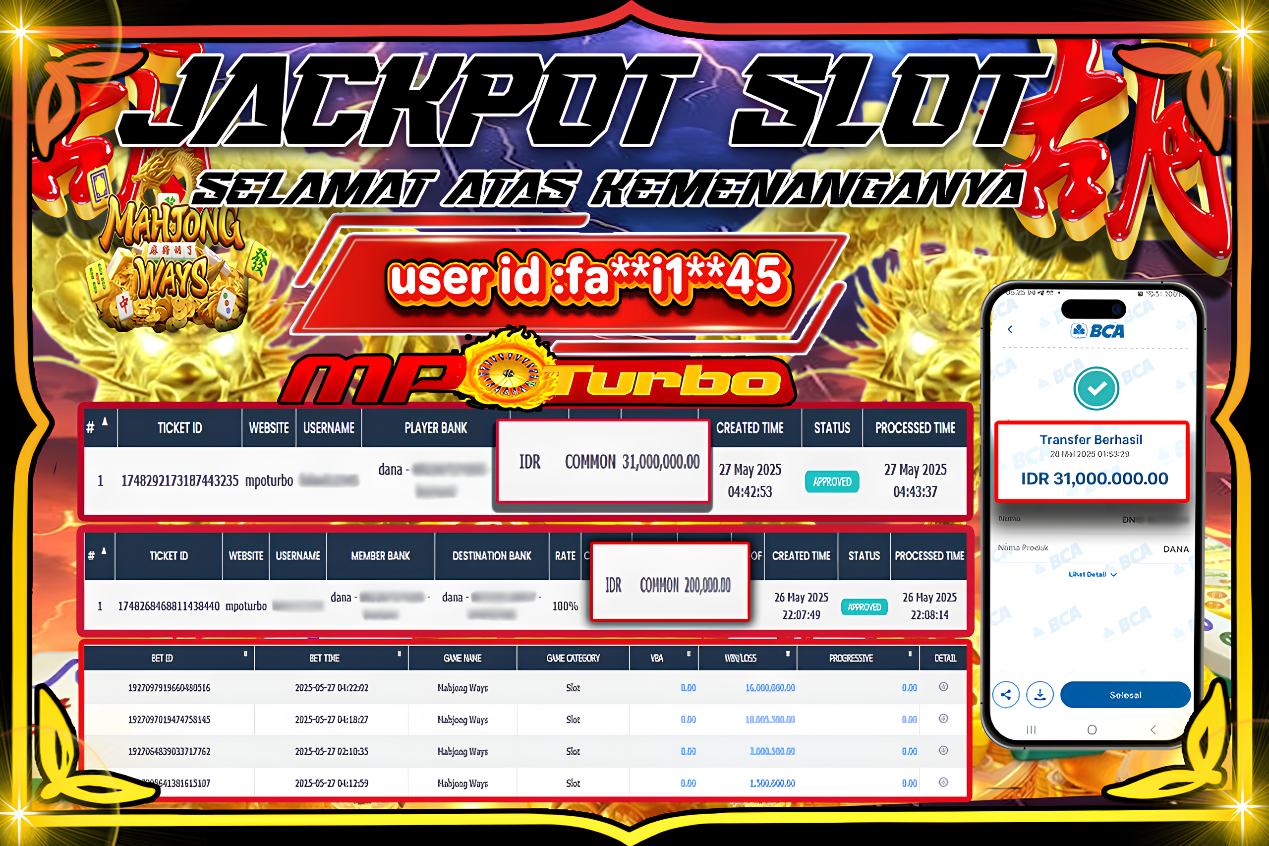 MPOTURBO JACKPOT SLOT MAHJONG WAYS.1 PGSOFT Rp 31,000,000.00,- LUNAS